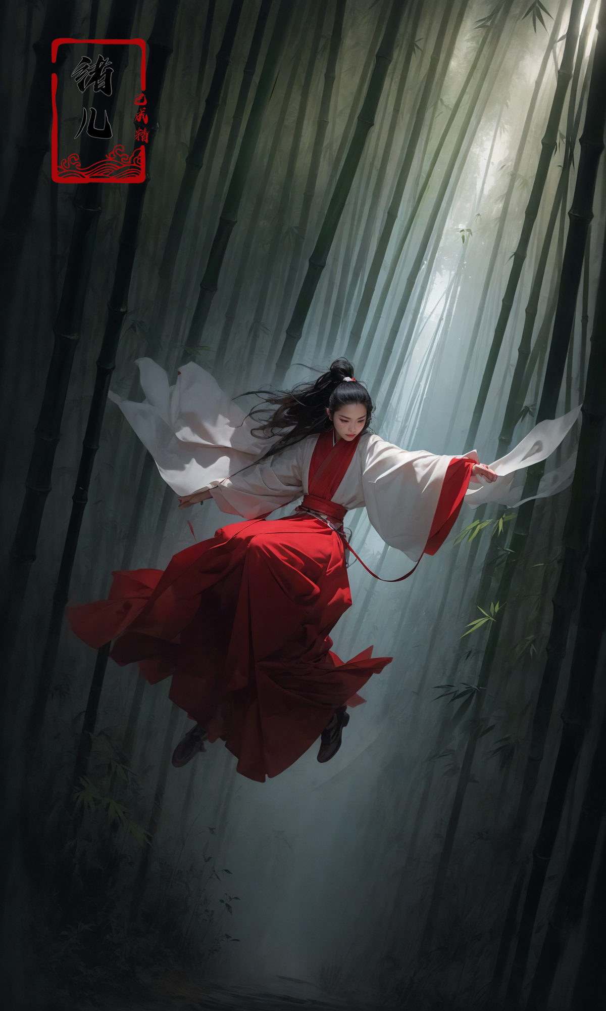 606247209521969131-3310843825-To shoot from above.  ，art by Zao Wou-ki，extreme close - up, focus on face, A woman in red Hanfu, wearing a white transparent ve.jpg